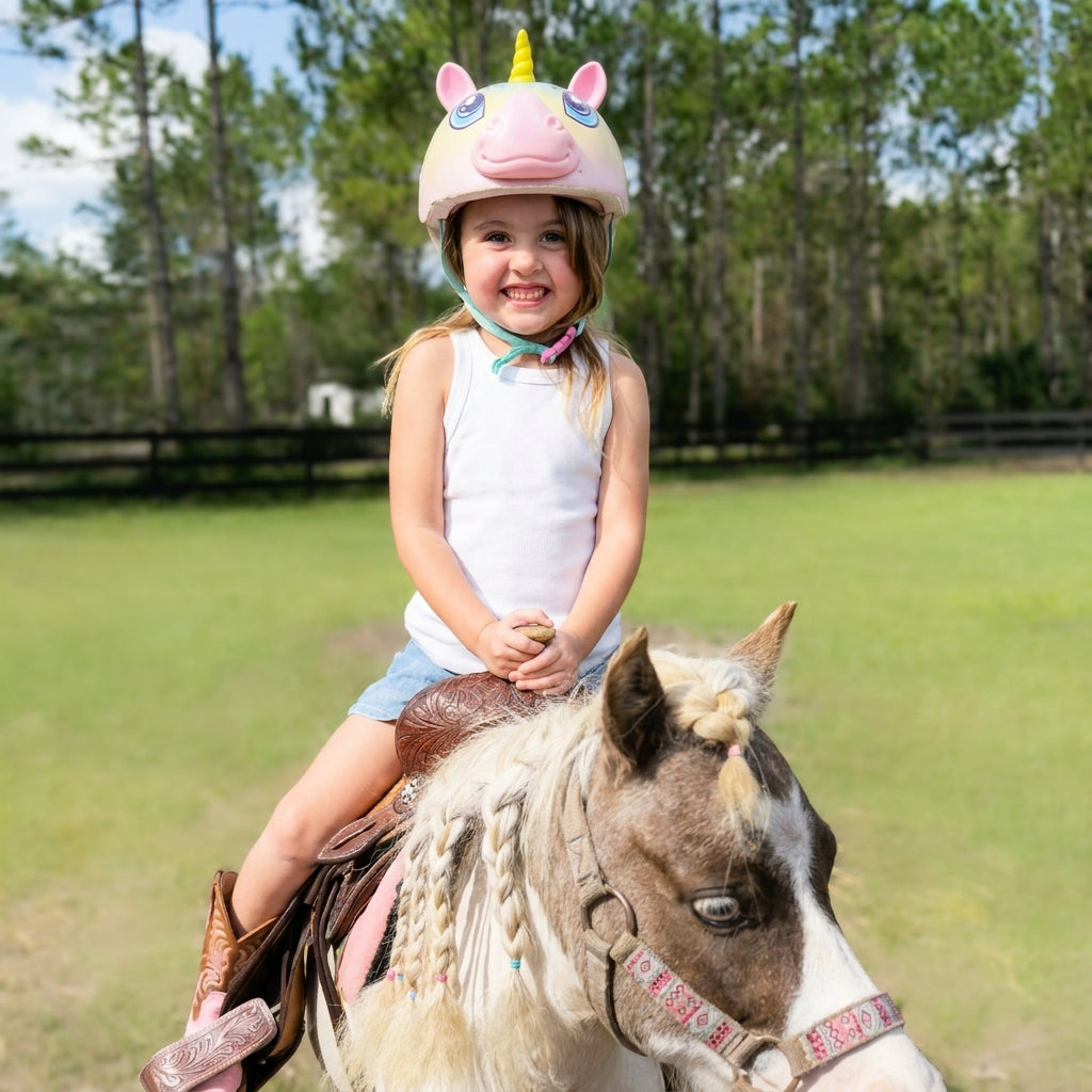 Young child riding pony during kids horse experience at Rodeo Stables in Florida