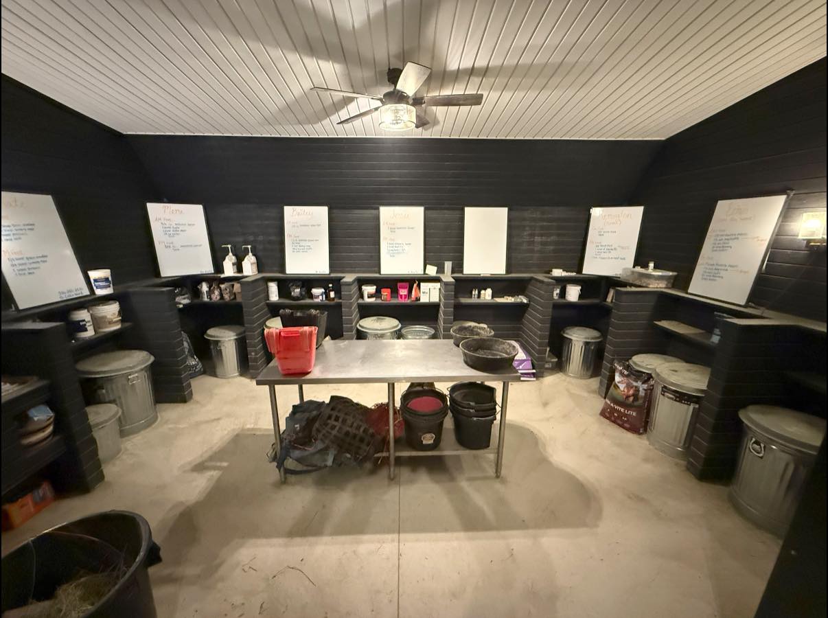 Organized horse feed preparation room inside Rodeo Stables