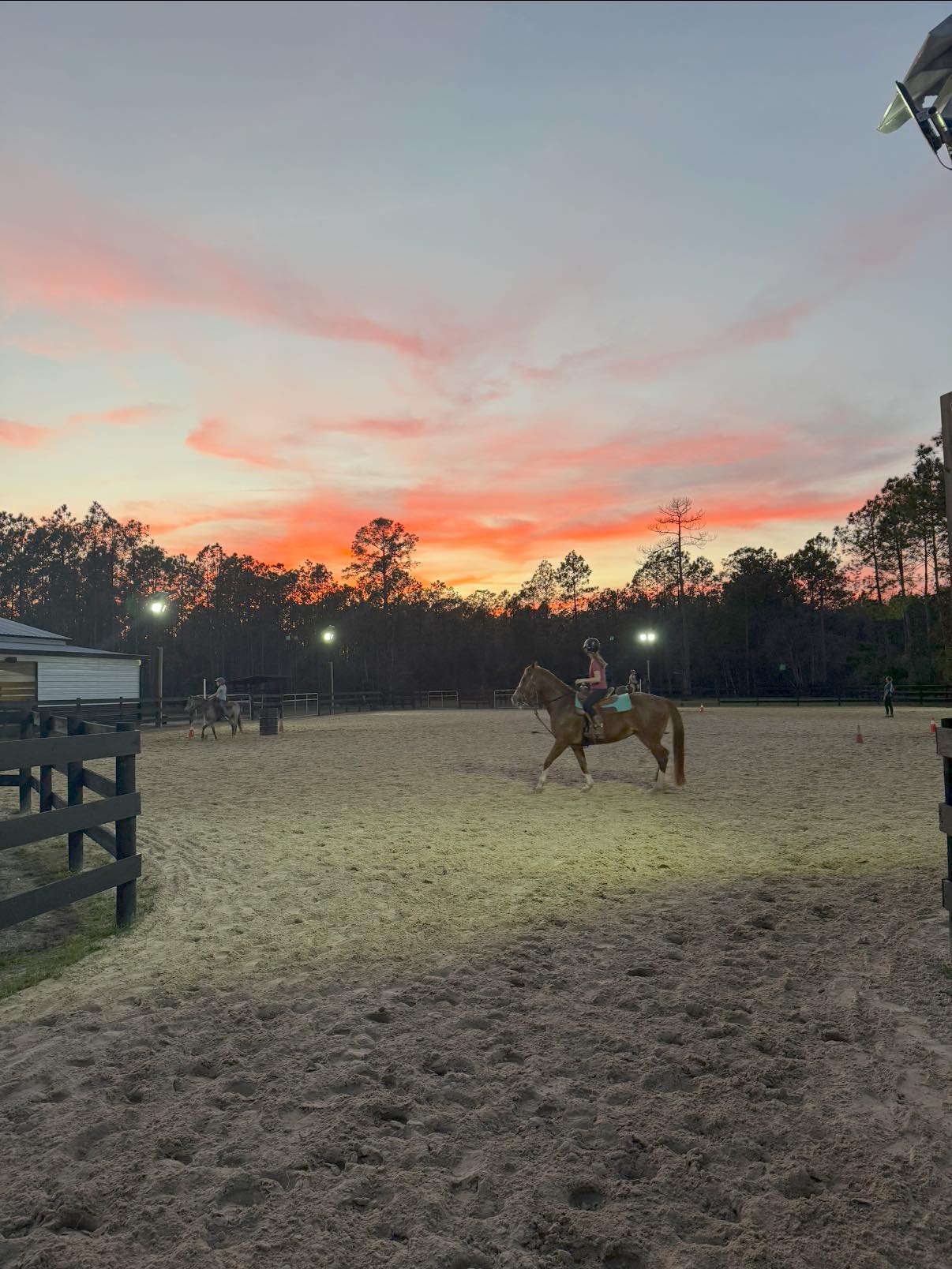 Horse and rider training in outdoor arena at sunset at Rodeo Stables
