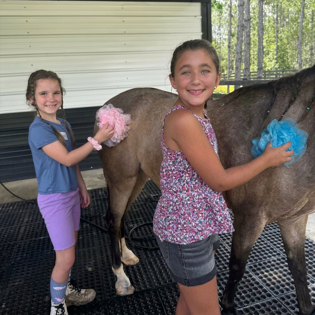 Children grooming pony during kids horse activity at Rodeo Stables in Florida