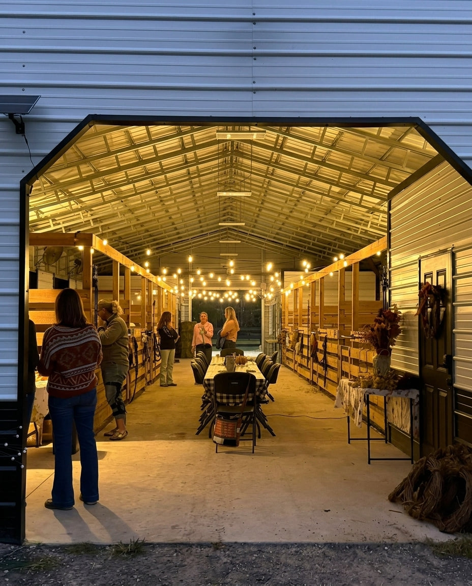 Evening event setup inside the Rodeo Stables horse barn in Ormond Beach, Florida with string lights and gathering space.