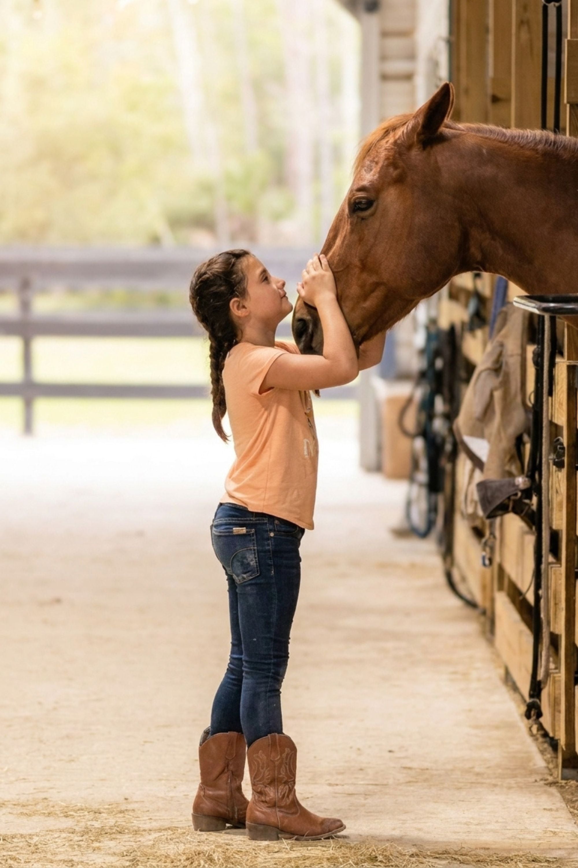 Young girl gently touching horse inside barn at Rodeo Stables
