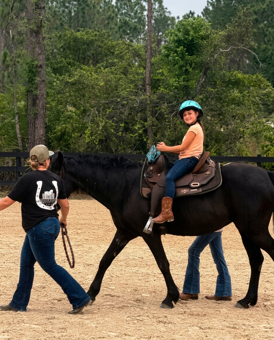 Young rider enjoying a guided horseback riding experience at Rodeo Stables in Ormond Beach, Florida.