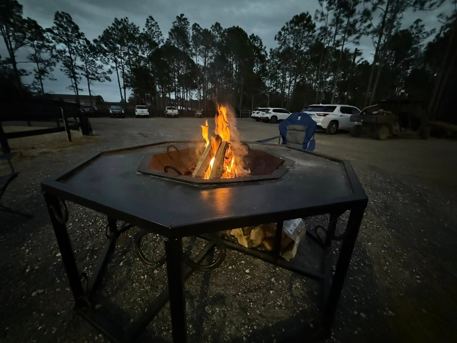 Outdoor fire pit at Rodeo Stables during an evening barn event in Ormond Beach, Florida.