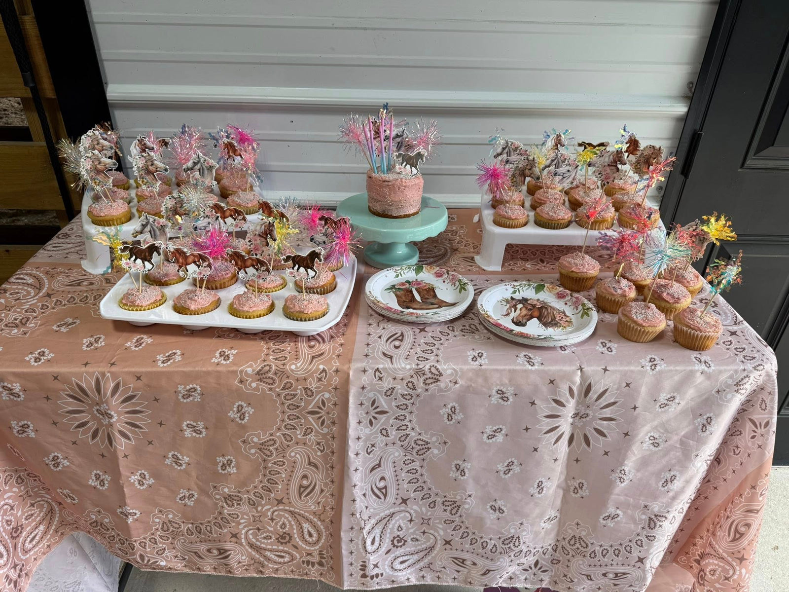Horse-themed cupcakes and desserts prepared for a kids birthday party at Rodeo Stables.