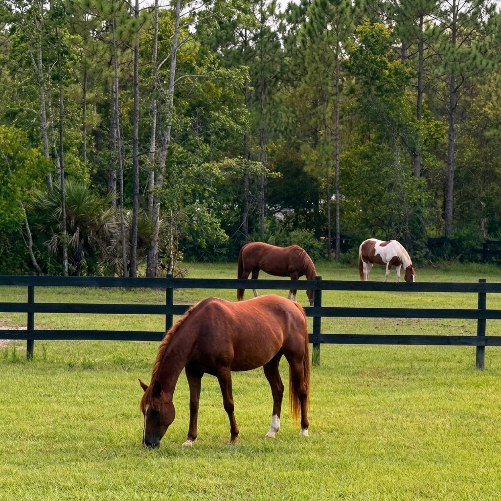 Horses grazing in spacious turnout pastures at Rodeo Stables in Ormond Beach, Florida