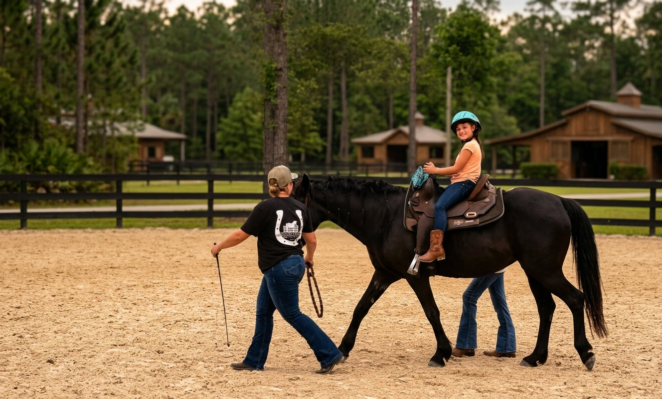 Young rider enjoying a guided horseback riding experience at Rodeo Stables in Ormond Beach, Florida.