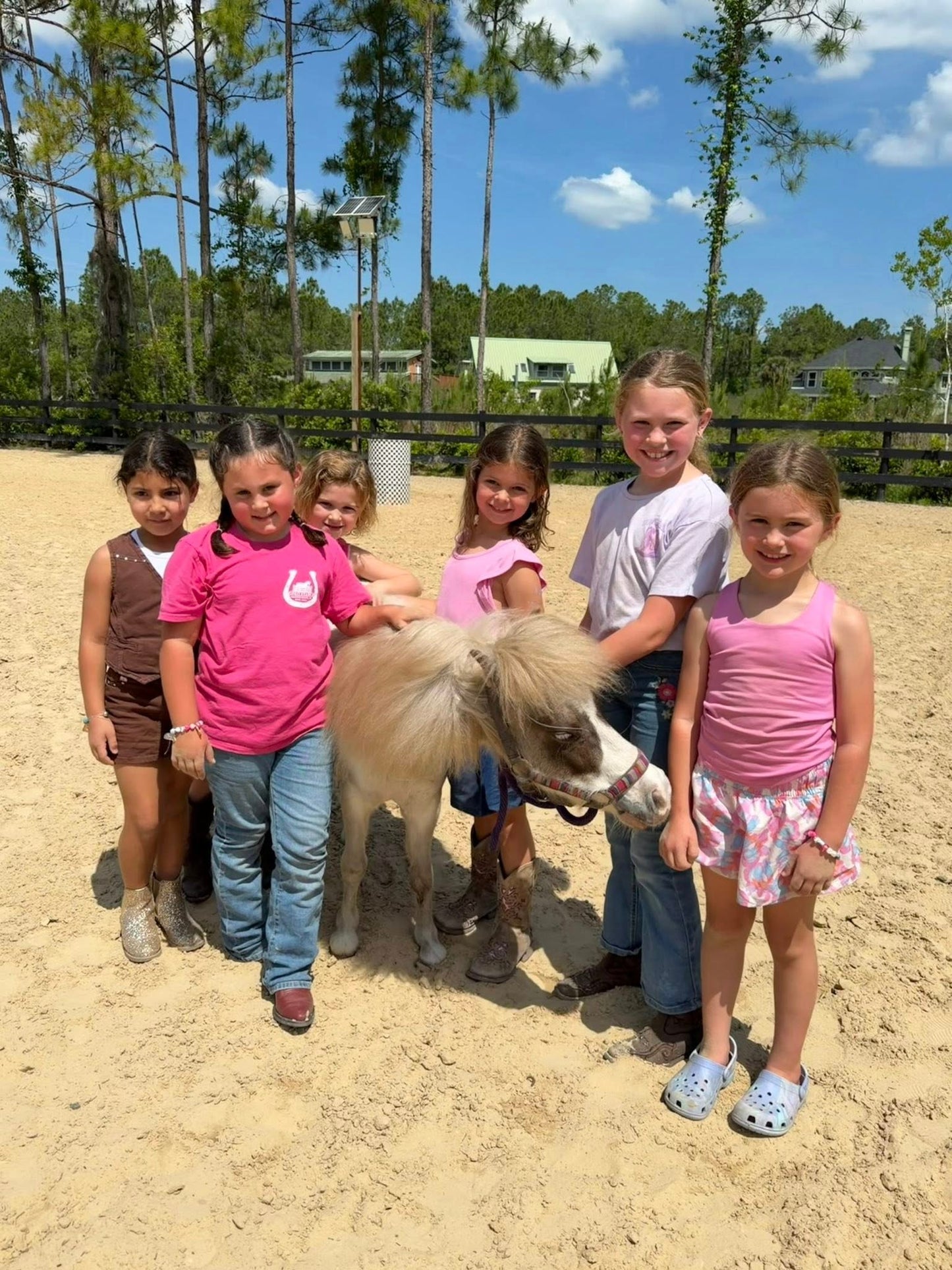 Children gathered around a mini horse during a kids horse activity at Rodeo Stables in Ormond Beach, Florida.
