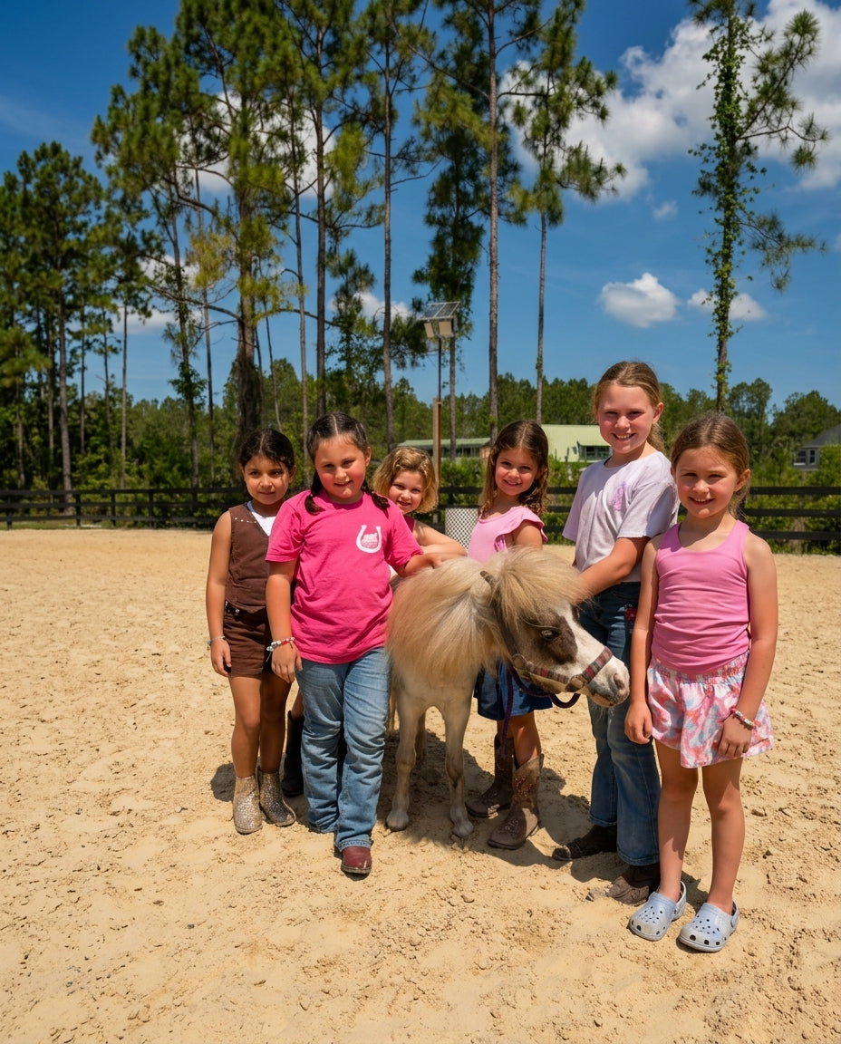 Children standing with a mini horse during an outdoor kids activity at Rodeo Stables in Ormond Beach, Florida.