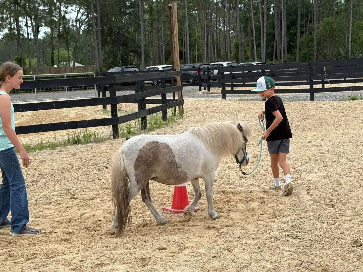 Young boy leading a mini horse through an obstacle activity at Rodeo Stables.