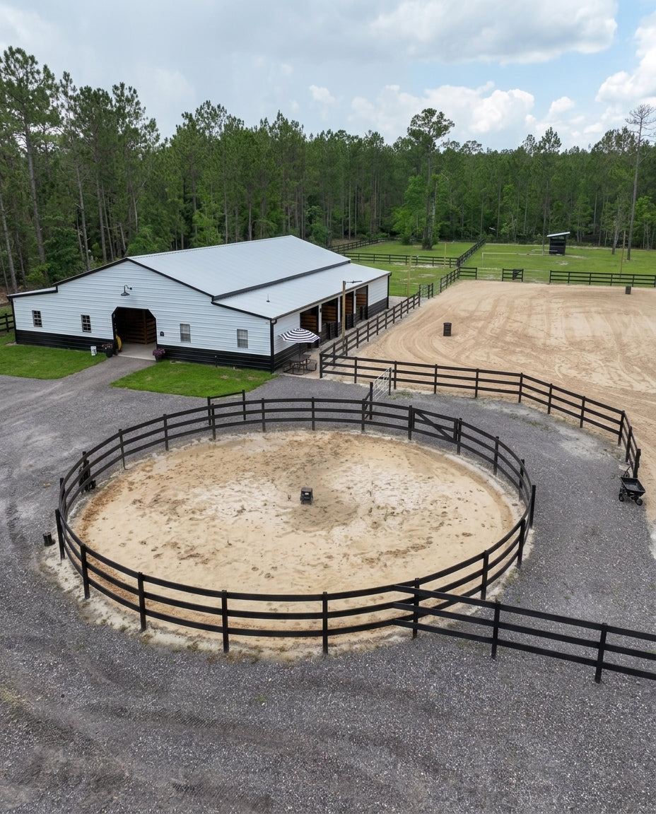 Aerial view of the open riding arena and horse boarding facility at Rodeo Stables in Ormond Beach, Florida
