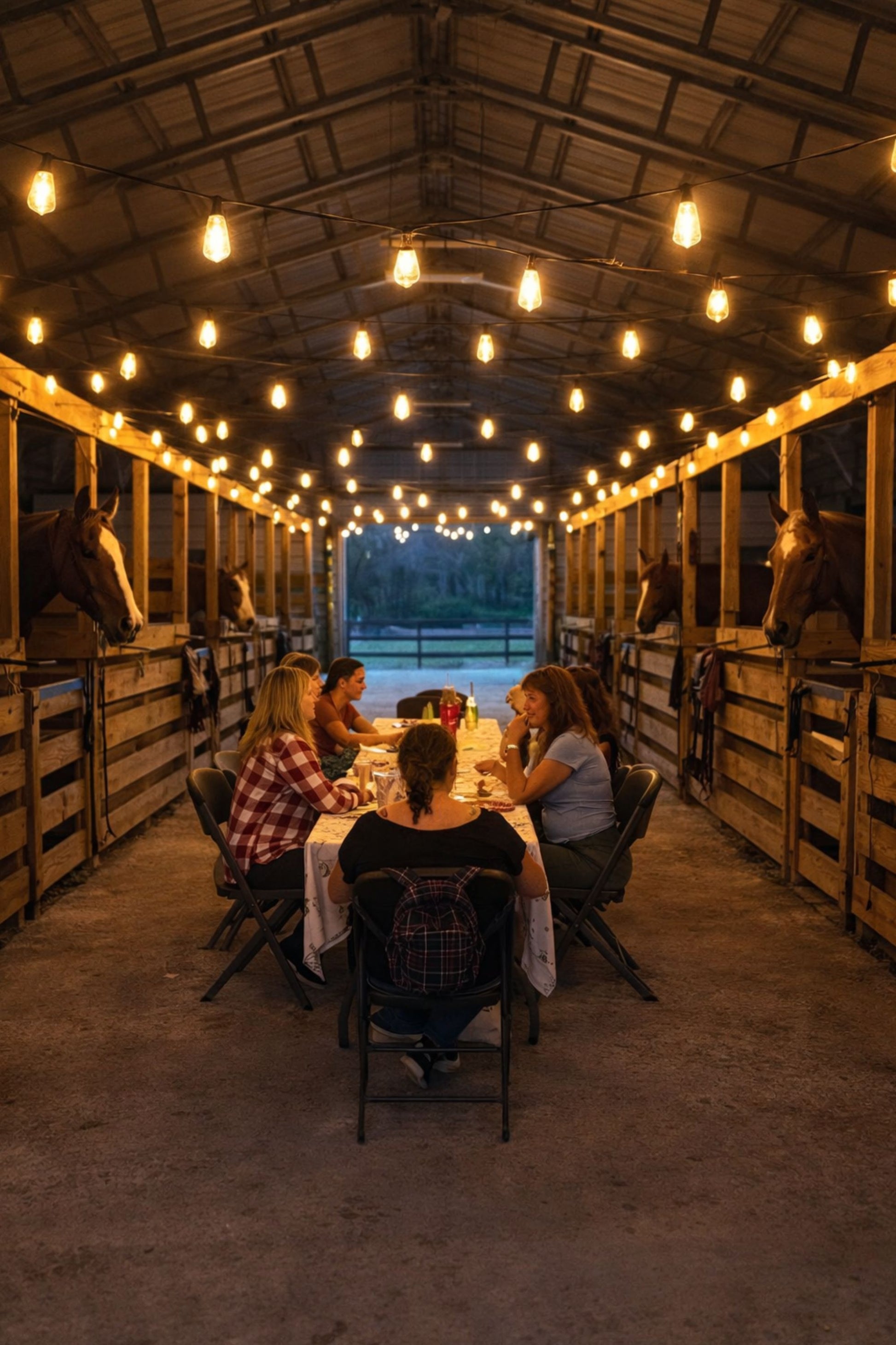 Guests enjoying dinner in horse barn at Rodeo Stables with string lighting