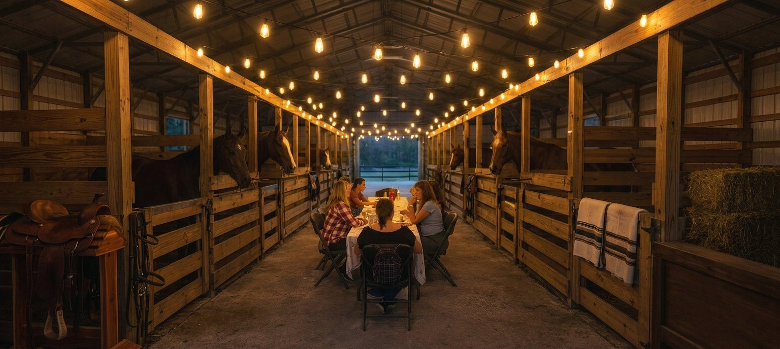 Private event setup inside Rodeo Stables in Ormond Beach, Florida featuring string lights, horse stalls, and western-inspired gathering space