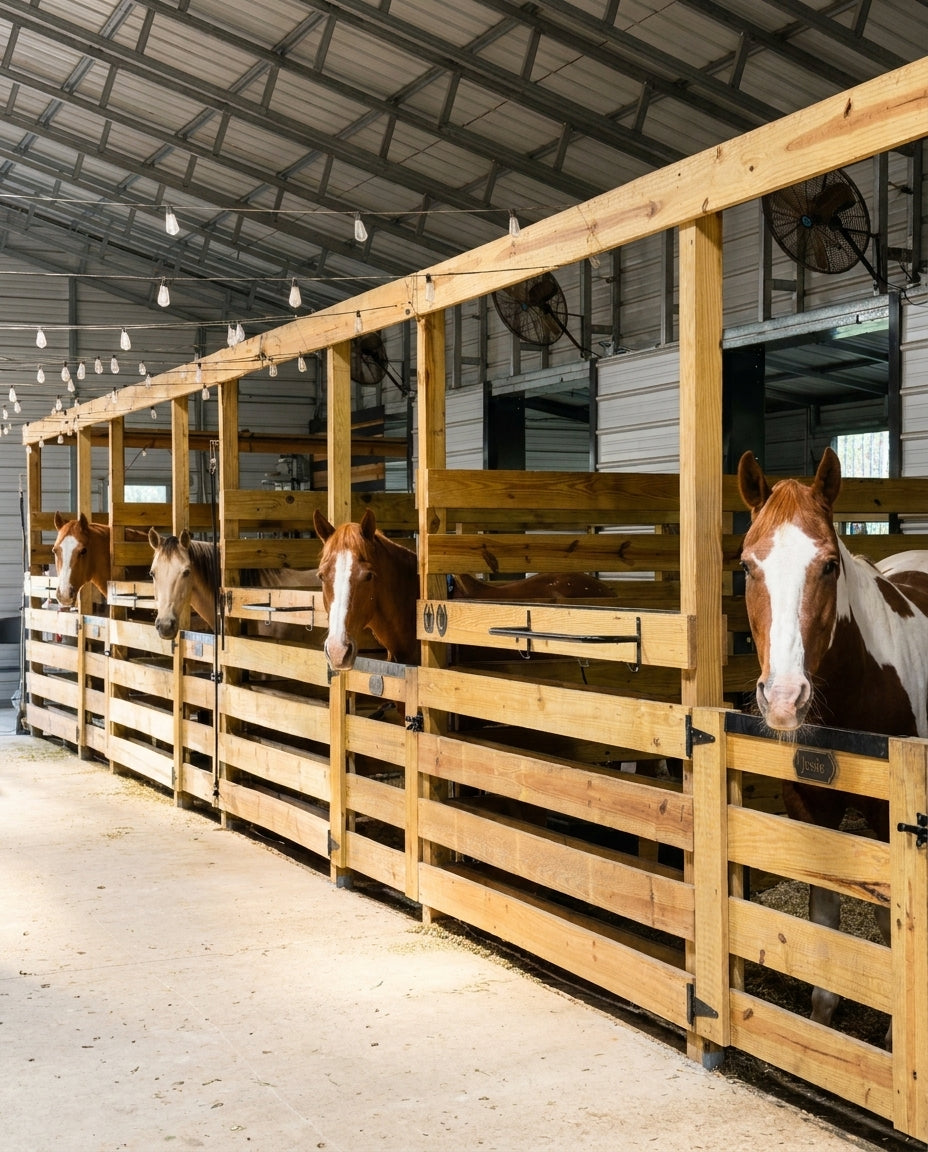 Private horse stall with wooden gates and tack hooks inside Rodeo Stables in Ormond Beach, Florida