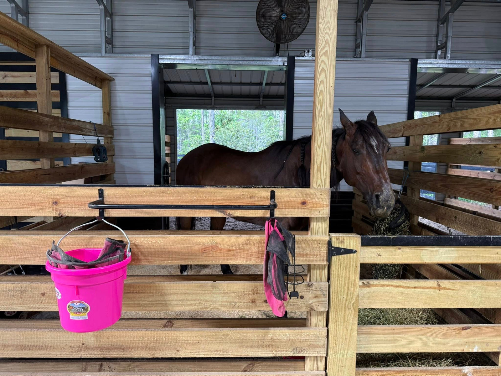 Spacious interior horse stall with natural wood fencing at Rodeo Stables