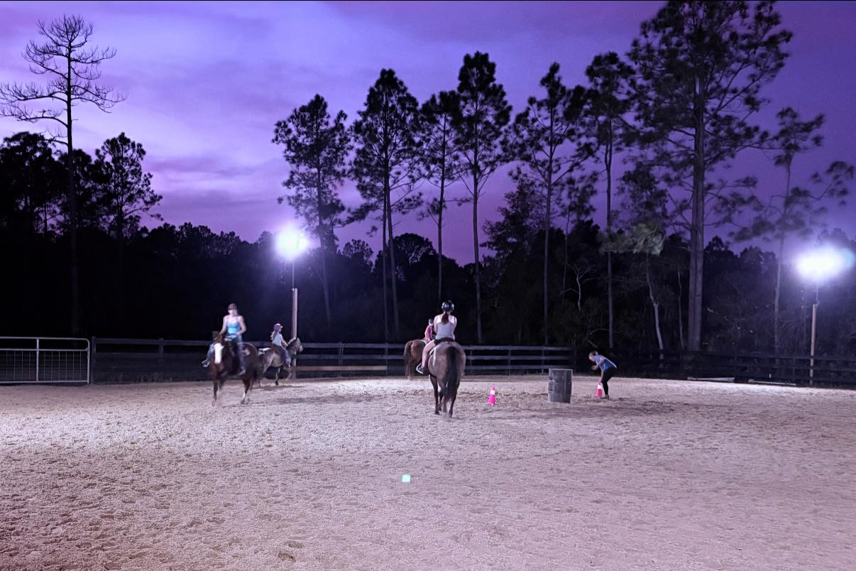 Outdoor riding arena and fencing at sunset at Rodeo Stables